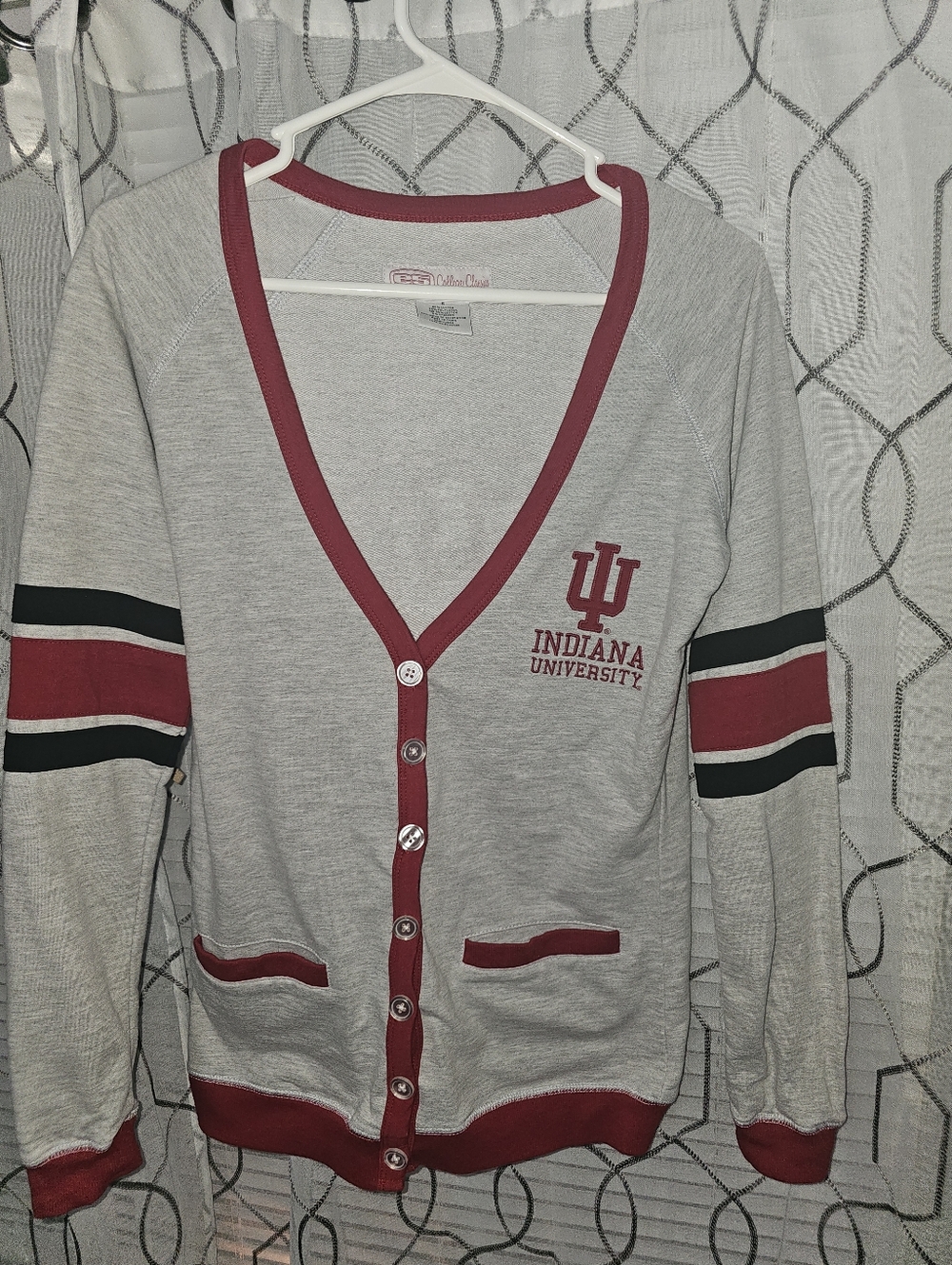 Womens College Classics Grey Cardigan with Crimson Trim, IU hoosier